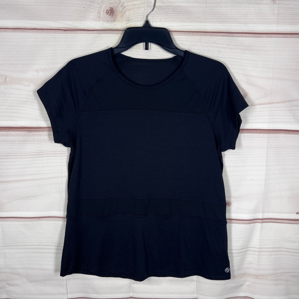 Lija T-Shirt Women XL Black Short Sleeve Ruched Back Activewear Mesh Panels Top